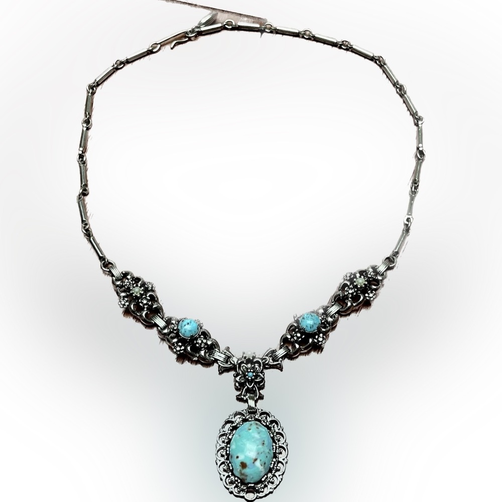 Late 1940’s Faux Turquoise Easter Egg Glass Cabochon Pendant Necklace.